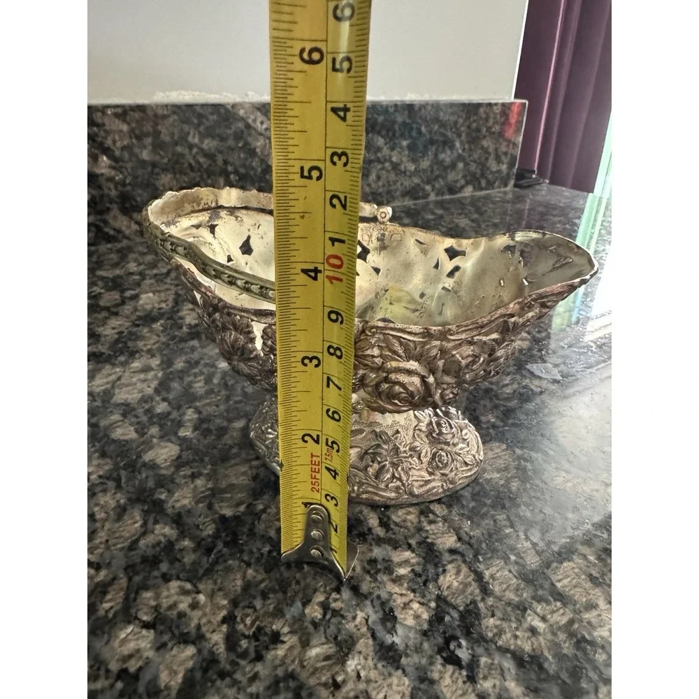 Antique Silver - Toned Metal Ornate Floral Basket/Candy Dish. Trinkets, Keys‎